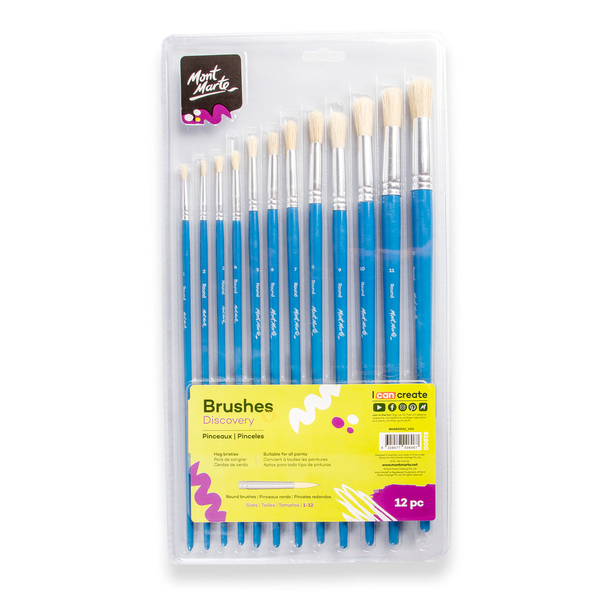 12 Piece Round Hog Bristle Artist Brush Set - Sizes 1 to 12 - Mont Marte