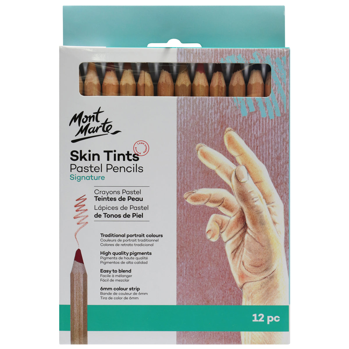 12 Pack Skin Tints Pastel Pencils - Assorted Natural Skin Tones - Mont Marte