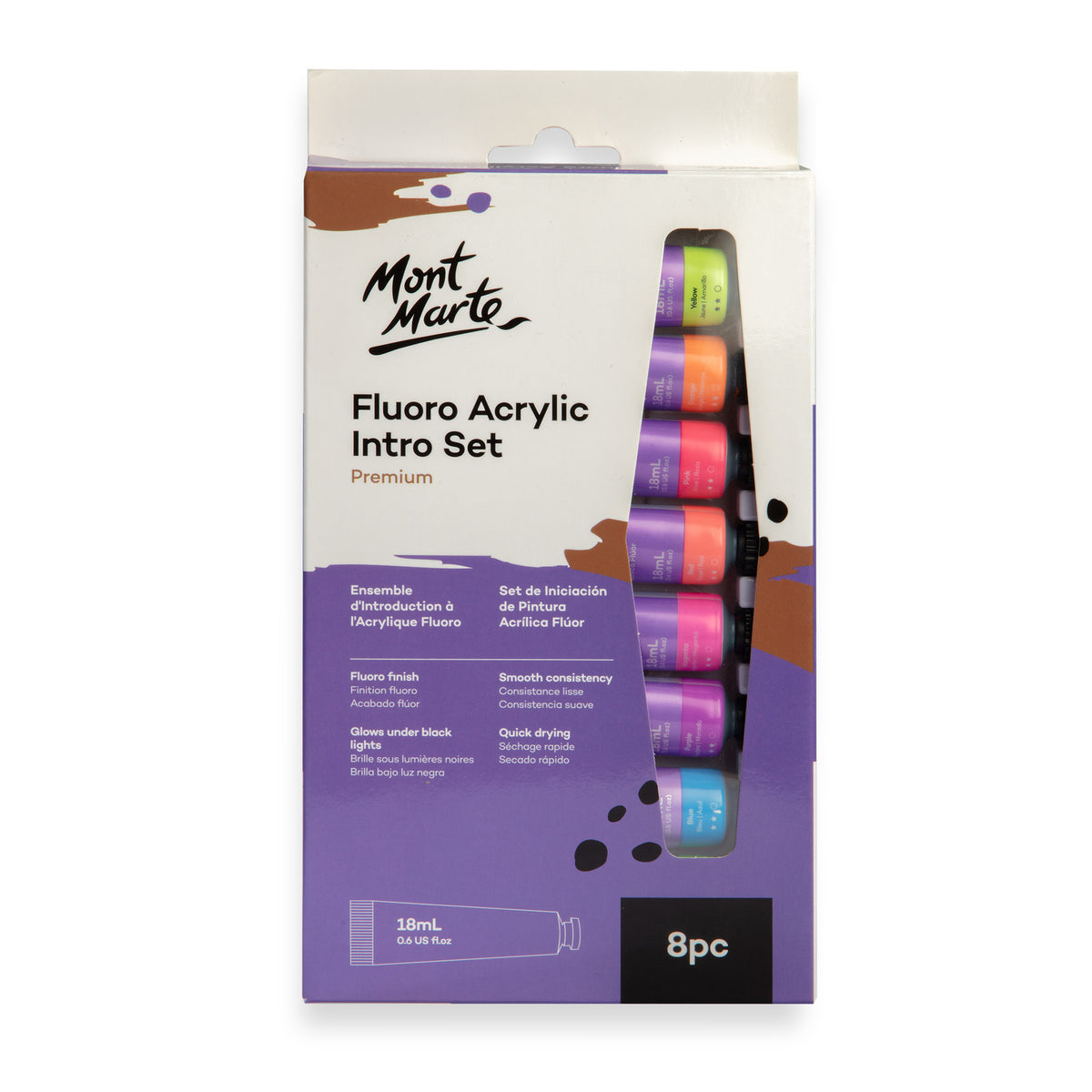 8 Pack Fluoro Acrylic Paint Set 18ml - Assorted Neon - Mont Marte