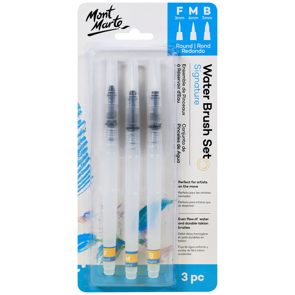 3 Piece Water Brush Set - Assorted Sizes - Mont Marte
