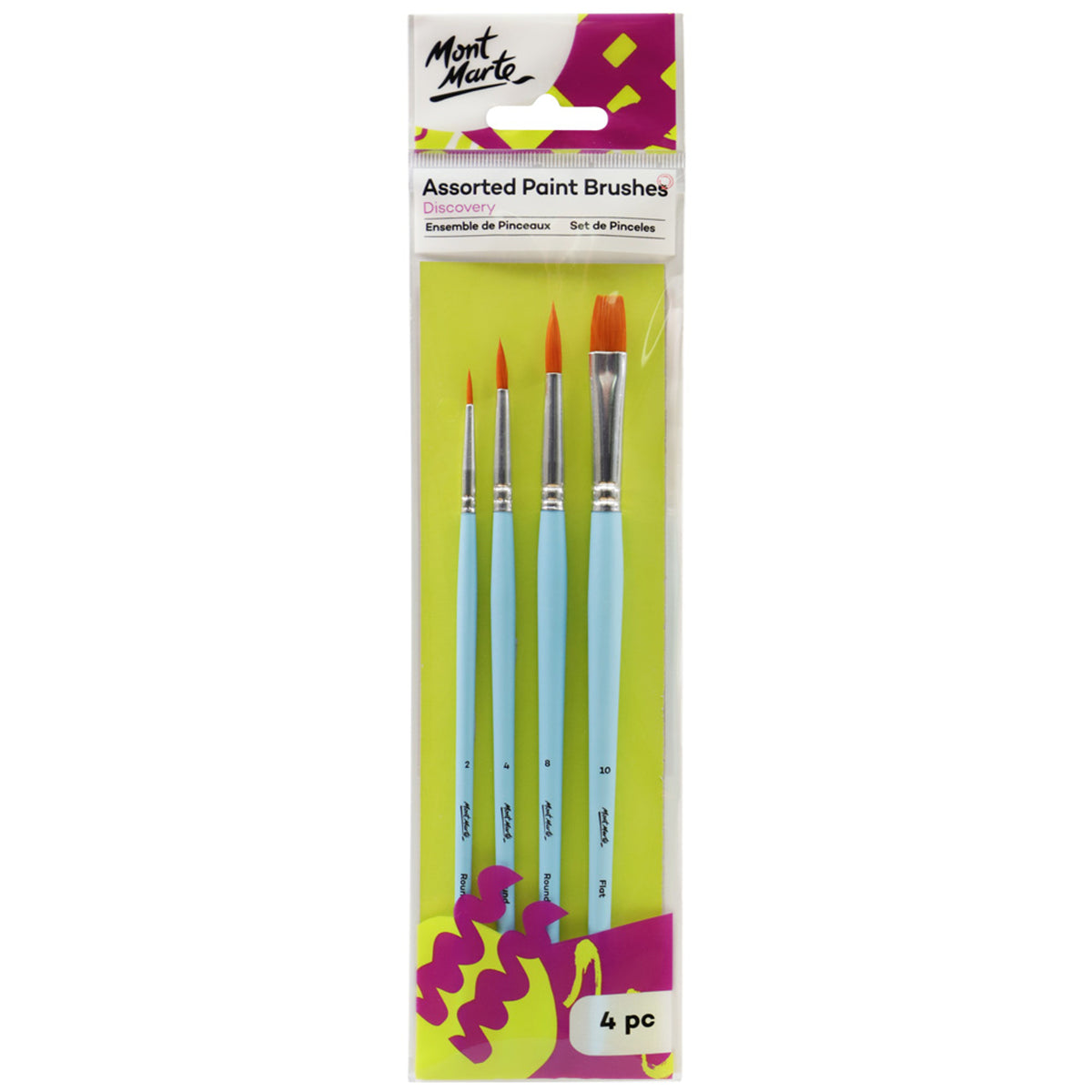 4 Pack Assorted Paint Brushes - Taklon Bristles - Mont Marte