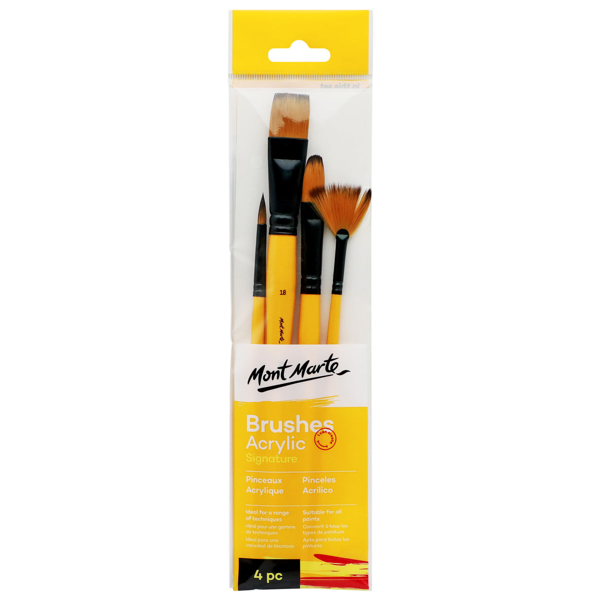 4 Pack Acrylic Paint Brush Set with Wooden Handles - Assorted - Mont Marte
