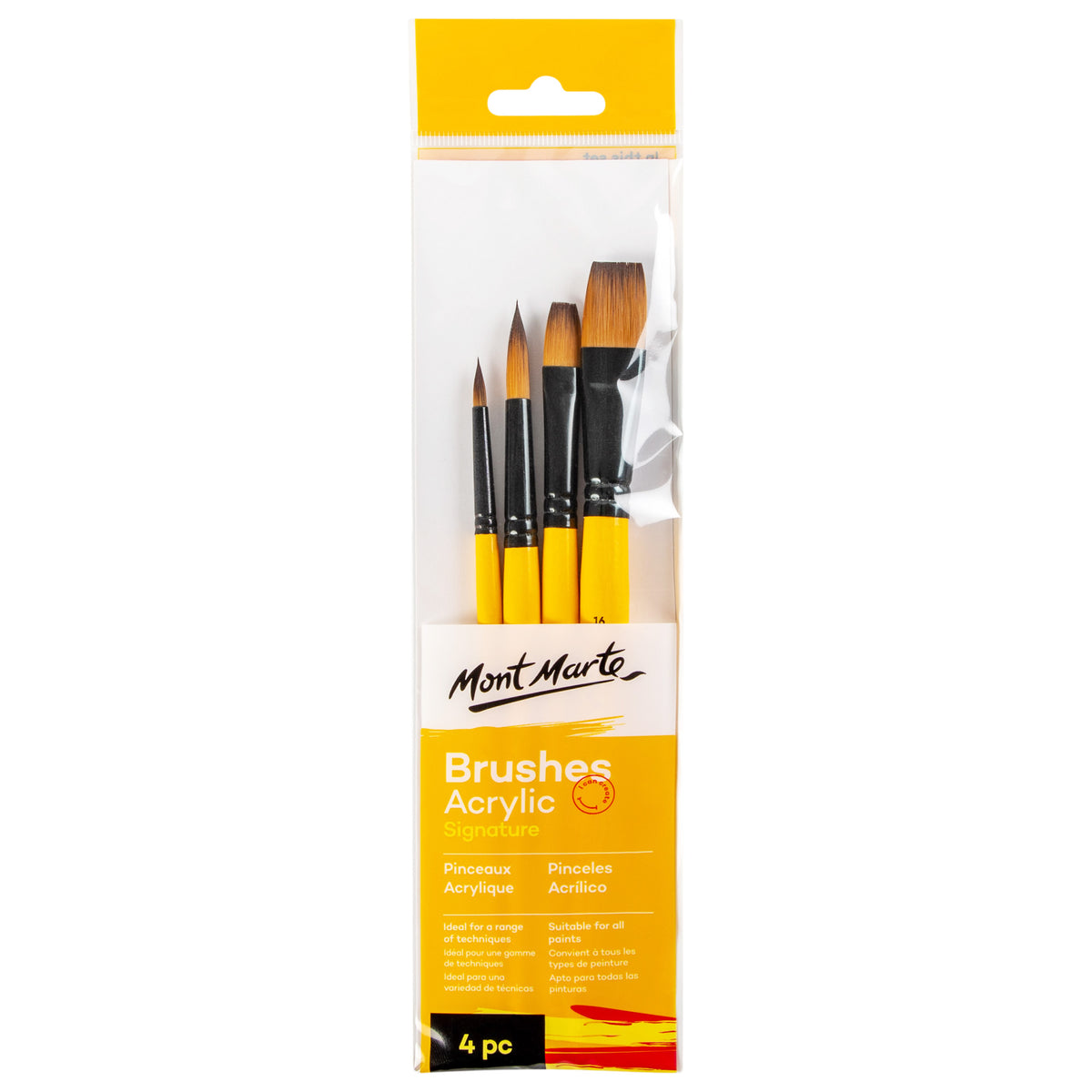 4 Piece Acrylic Paint Brush Set - Taklon with Wooden Handles - Mont Marte