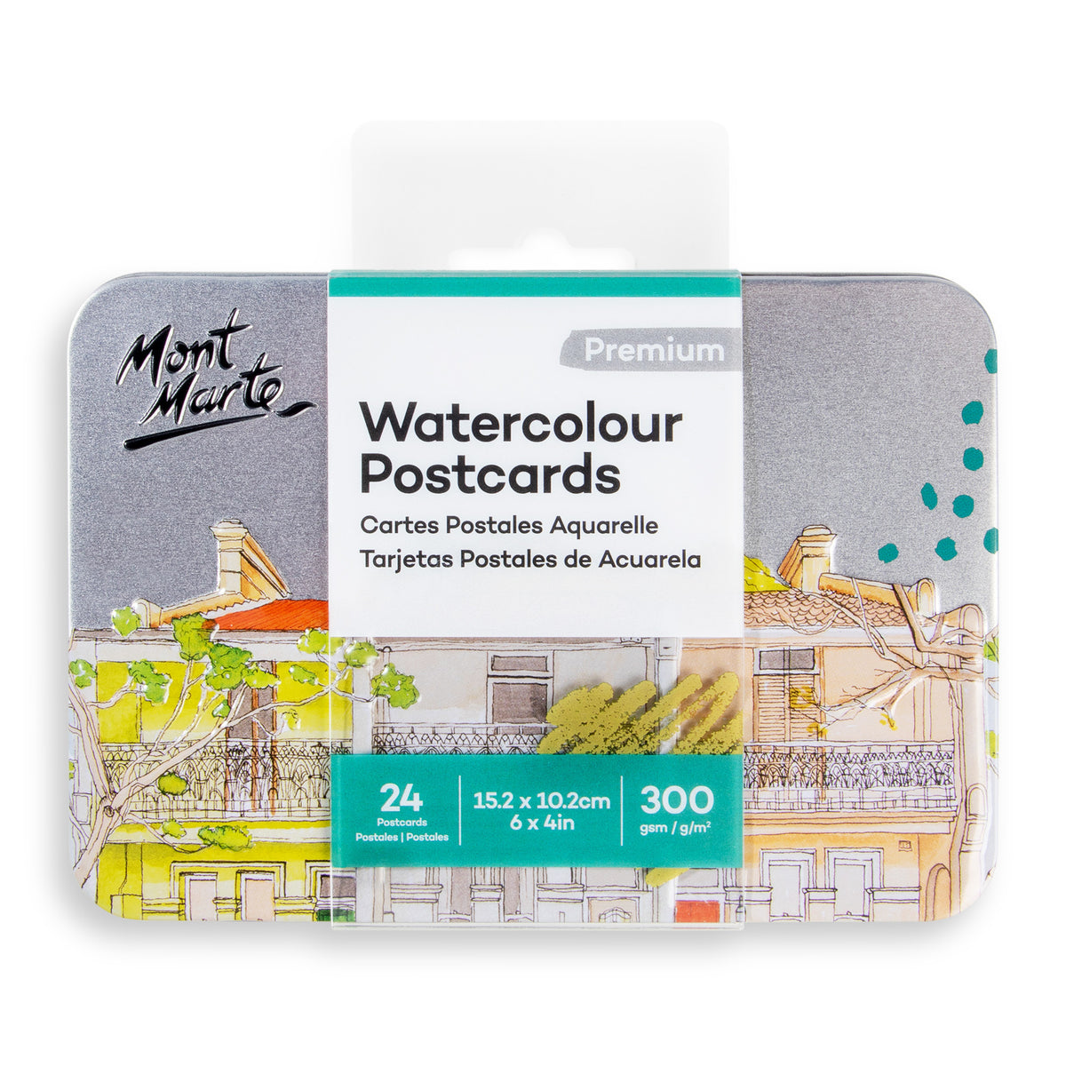 24 Pack Watercolour Postcards Premium 300gsm with Storage Tin - 15.2 x 10.2cm - Mont Marte