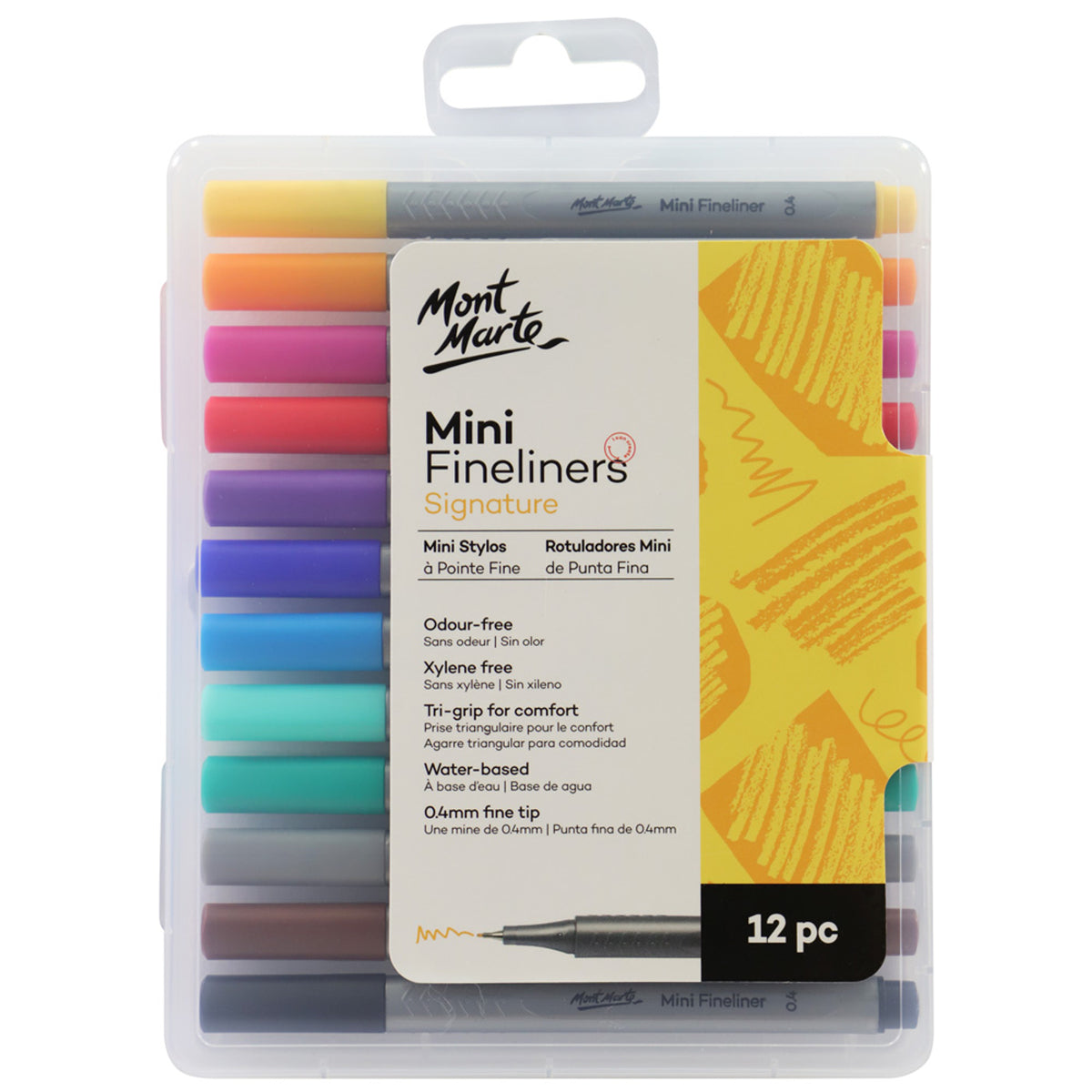 12 Pack Mini Fineliner 0.4mm Markers in Hard Case - Assorted - Mont Marte