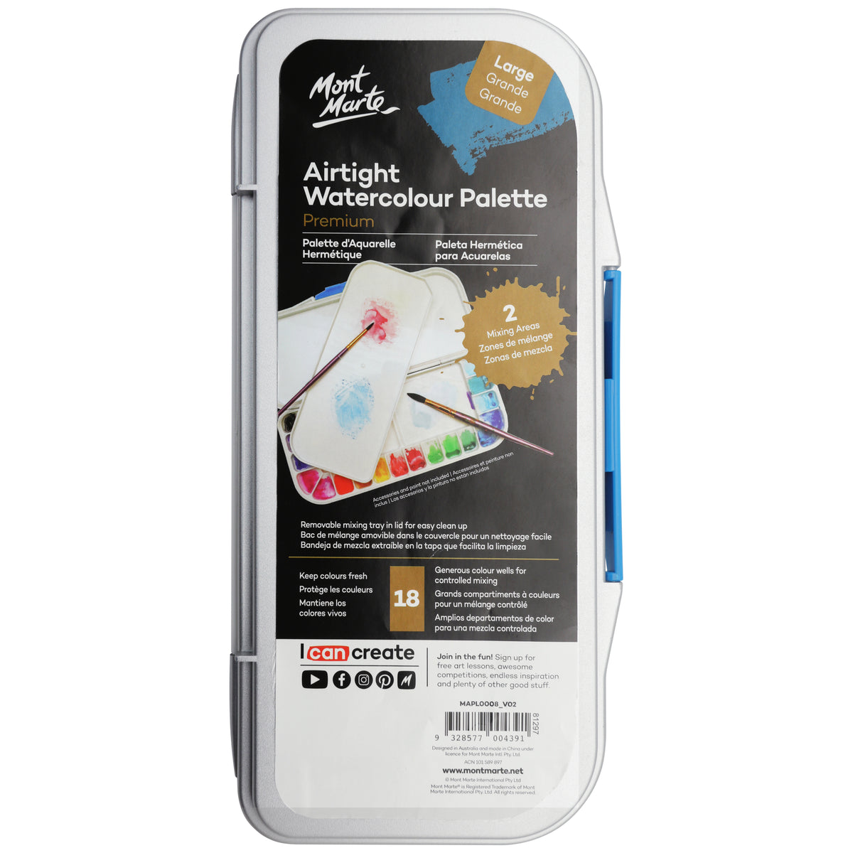 Airtight Watercolour Palette with 18 Slots - Large - Mont Marte