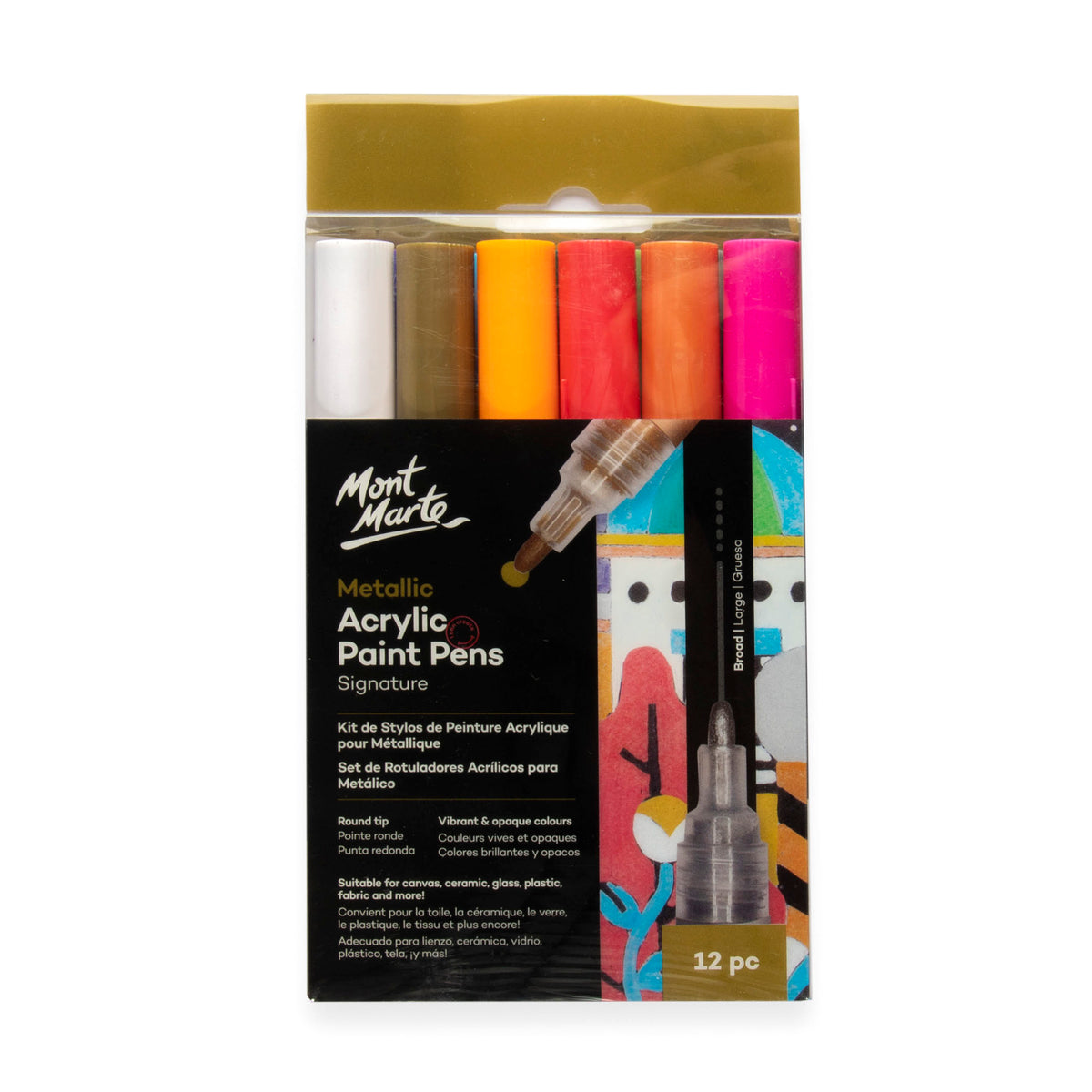 12 Pack Metallic Acrylic Paint Pens - Broad Tip - Mont Marte
