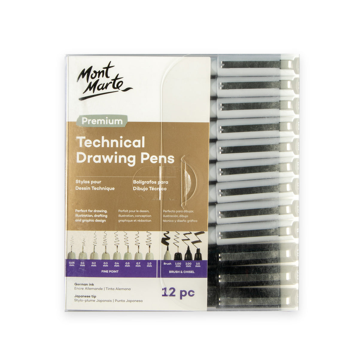 12 Pack Technical Drawing Pen Set - Black - Mont Marte