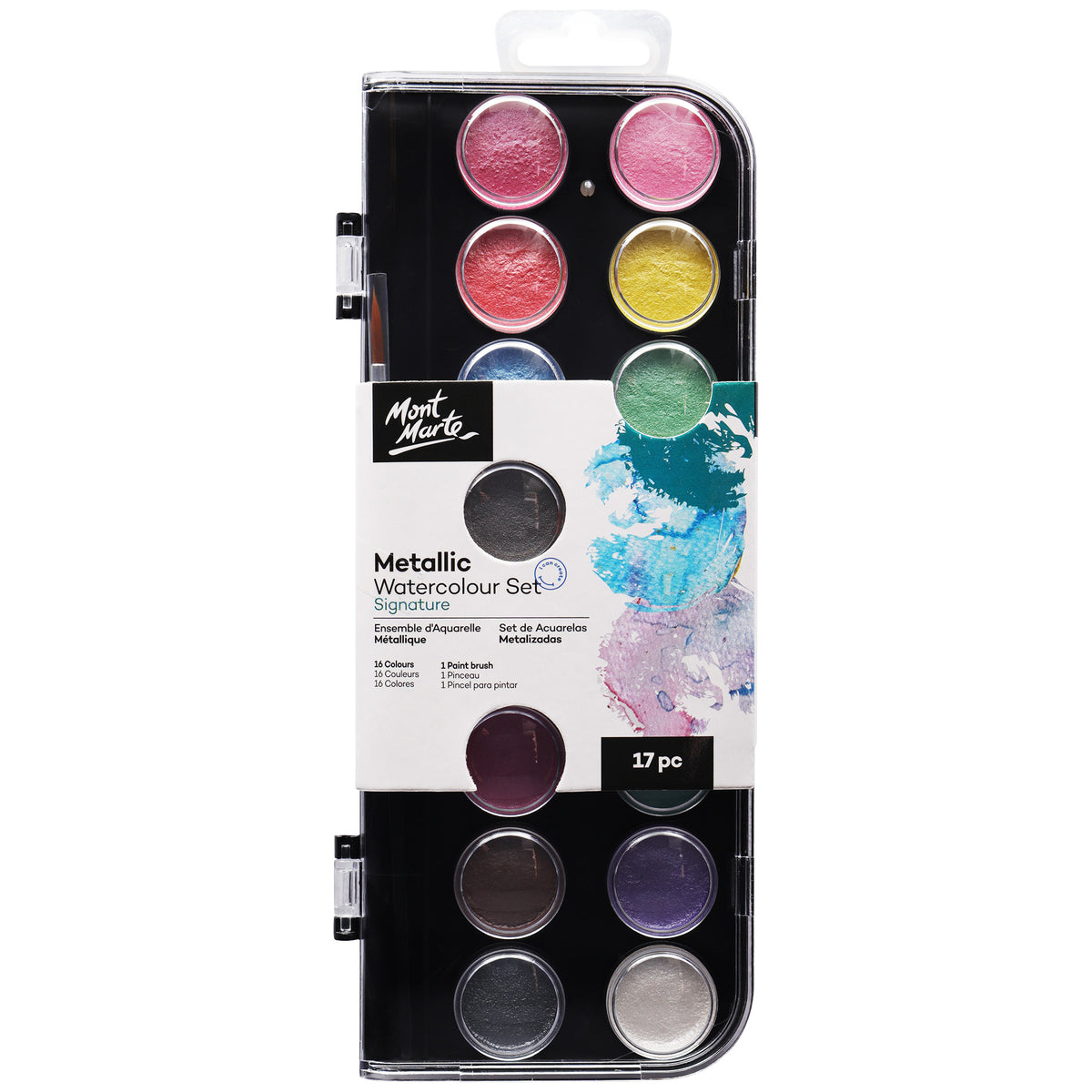17 Piece Metallic Watercolour Cake Set - 16 Colours - Mont Marte