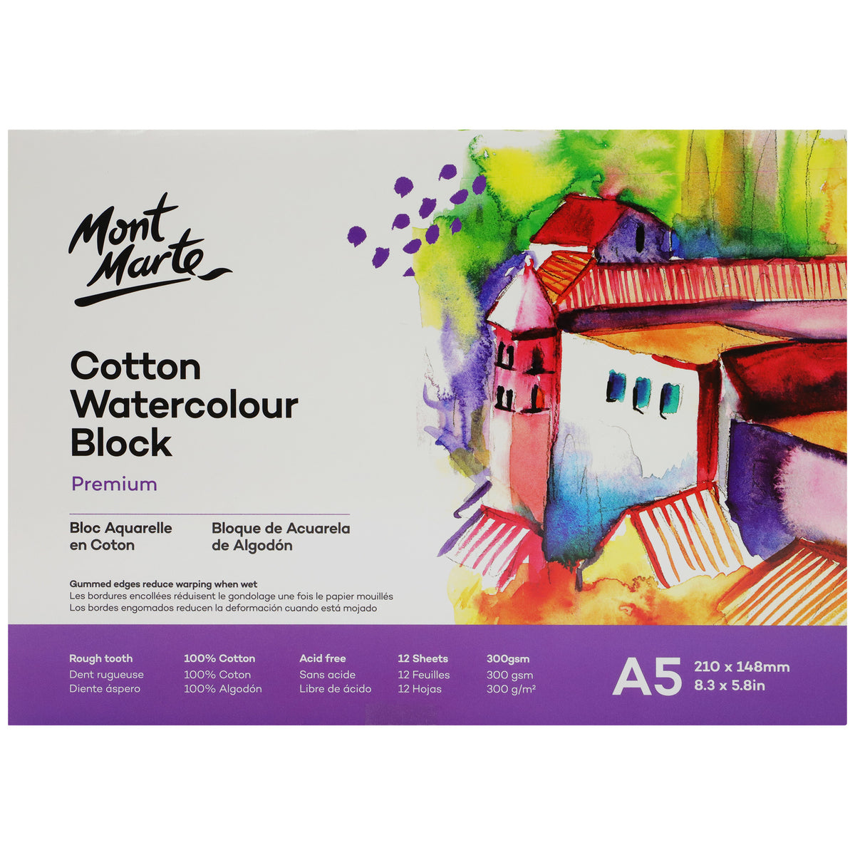 12 Sheet Cotton Watercolour Paper Block 300gsm - A5 - Mont Marte