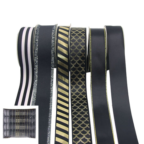 5M Black Fabric Ribbon - Assorted Designs - SHMICK