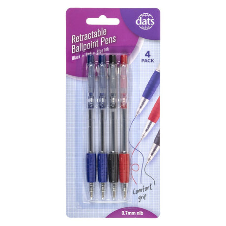Retractable Ballpoint Pens – Assorted Colours 4 Pack