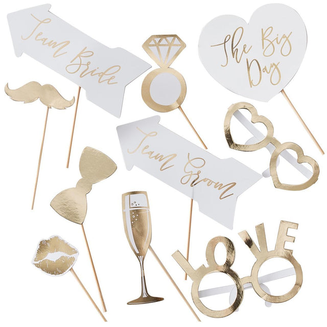 10 Pack Gold Wedding Photo Booth Props