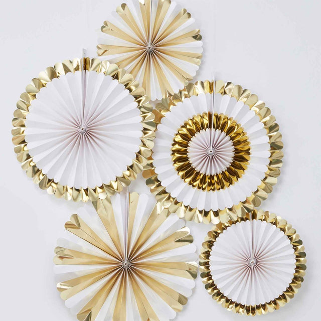 5 Pack Paper Fan Decorations - Gold and White
