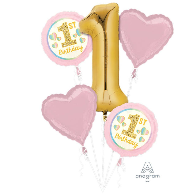 5 Piece 1st Birthday Pink and Gold Foil Balloon Bouquet Kit