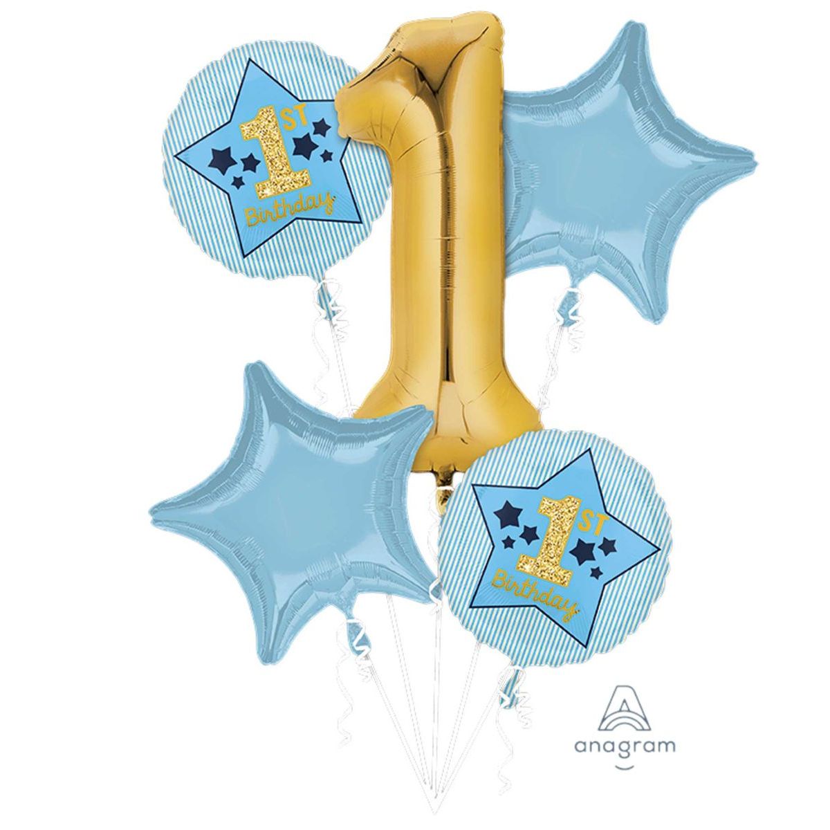 5 Piece 1st Birthday Blue and Gold Foil Balloon Bouquet Kit