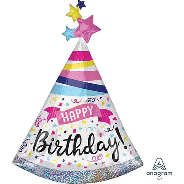 SuperShape Holographic Happy Birthday Hat Sparkle Banner Foil Balloon - Multicoloured