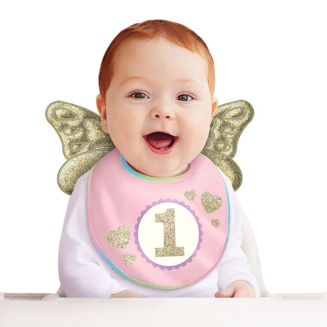 1st Birthday Girl Bib with Wings - Pink and White