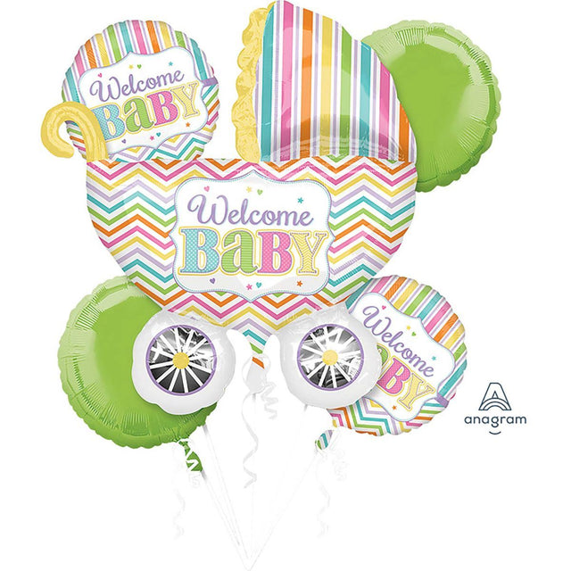 5 Piece Welcome Baby Foil Balloon Bouquet - Multicoloured