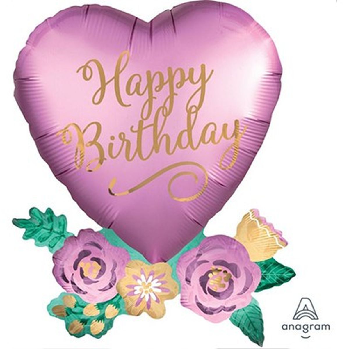 SuperShape Happy Birthday Satin Heart with Flowers Foil Balloon 66cm x 68cm