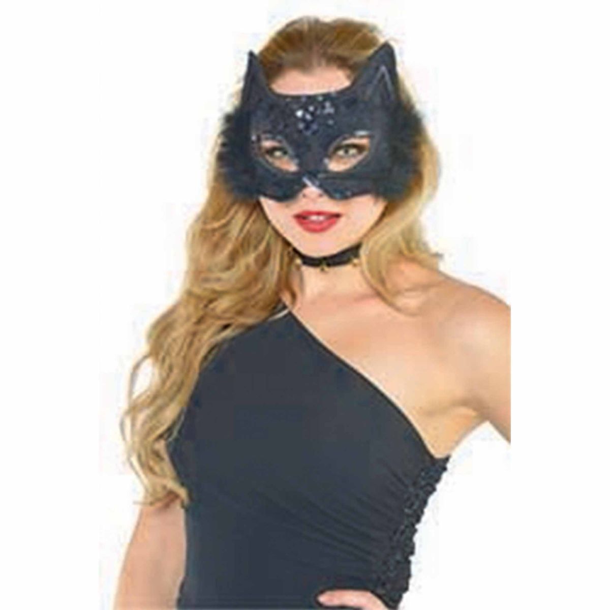 Black Cat Feather Marabou Masquerade Mask - Black
