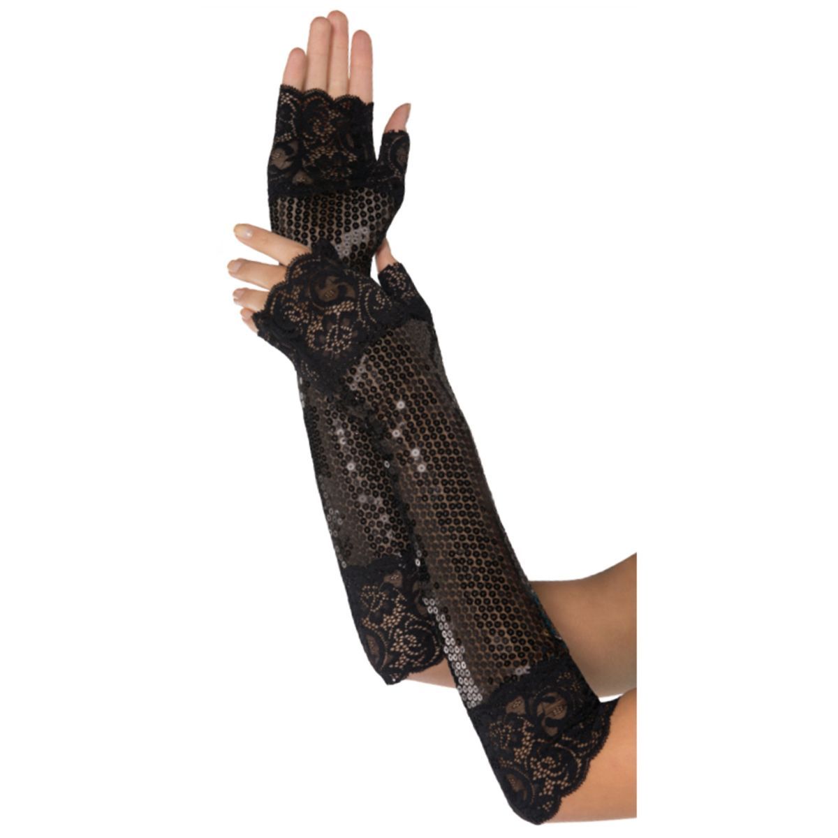 2 Pack Fingerless Elbow Length Sequin Gloves - Black