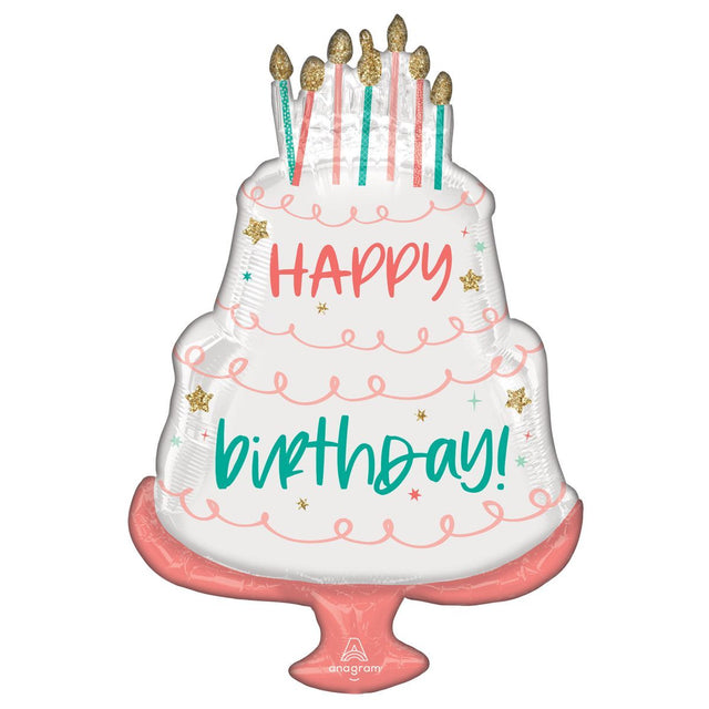 SuperShape Foil Balloon 58cm x 88cm - Happy Birthday Cake