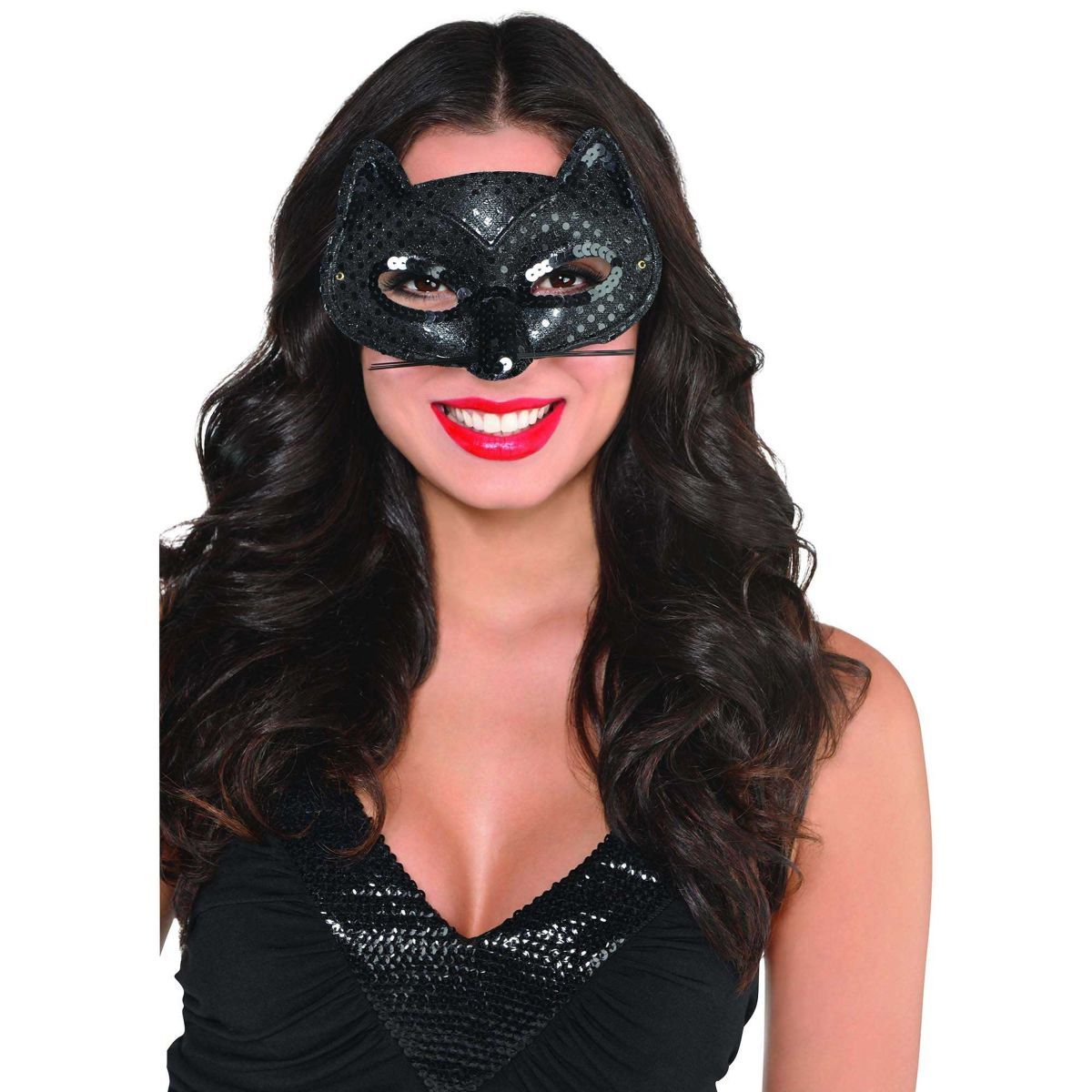 Black Sequin Cat Ear Half Mask