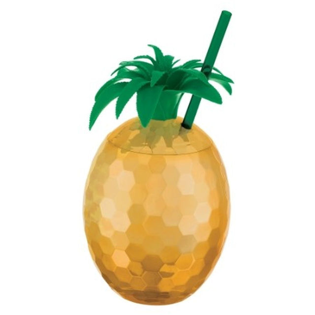 Gold Pineapple Plastic Cup with Straw - Multicoloured