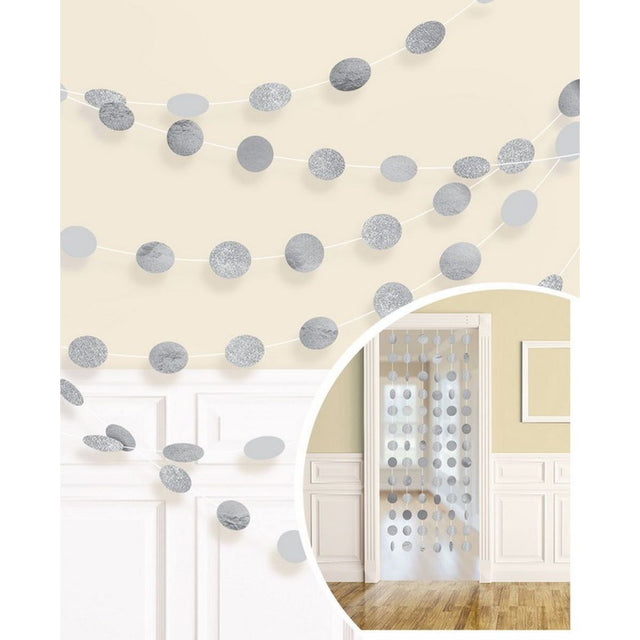6 Pack Glitter Round String Decorations - Silver