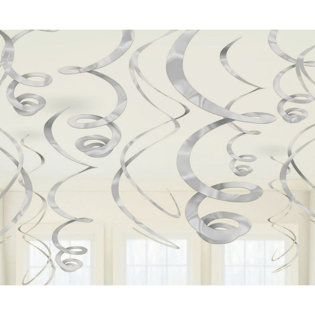 12 Pack Plastic Swirl Decorations - Silver