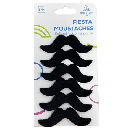 6 Pack Self-Adhesive Fiesta Moustaches - Black