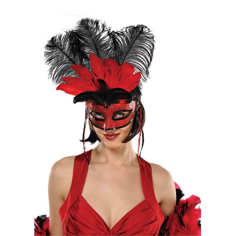 Temptation Feather Eye Mask - Crimson and Black