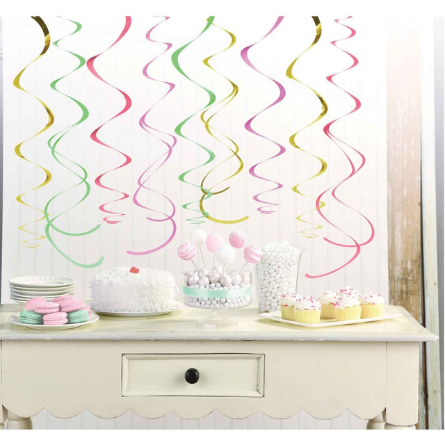 12 Pack Hanging Swirl Decorations 55.8cm - Pastel and Gold