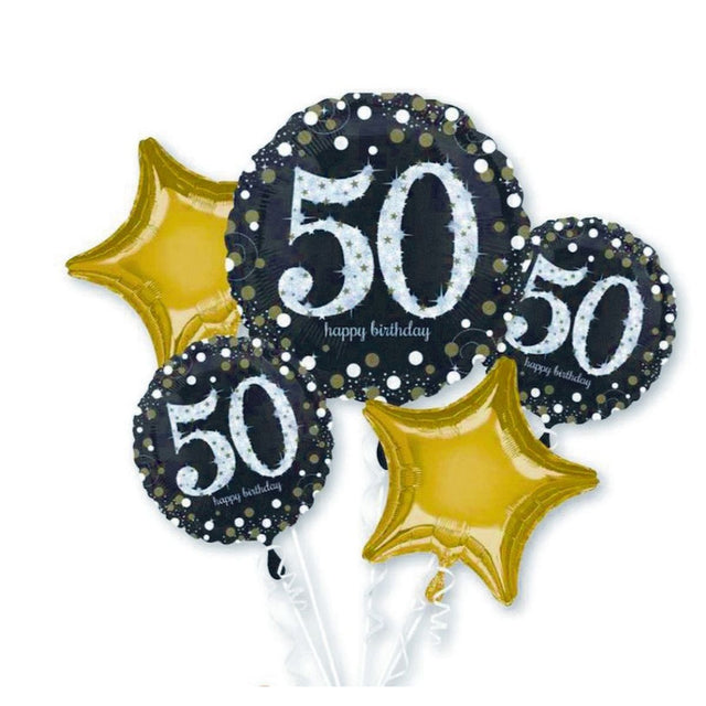 5 Piece Sparkling 50th Birthday Helium Foil Balloon Bouquet