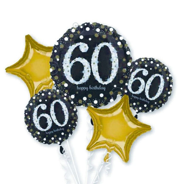 5 Piece Sparkling 60th Birthday Helium Foil Balloon Bouquet
