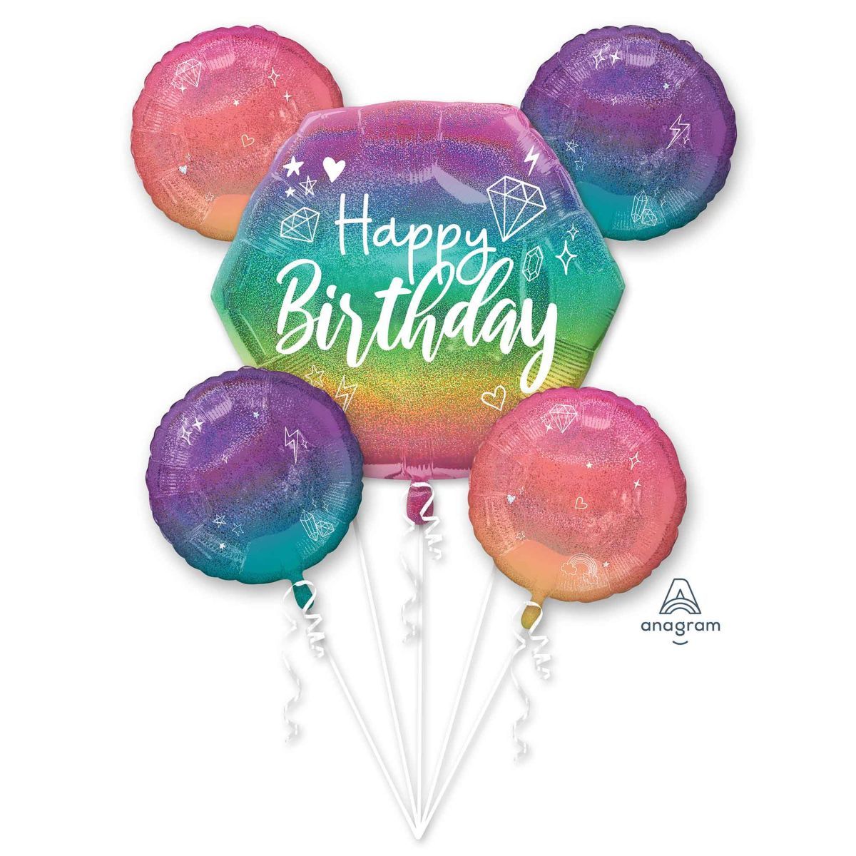 5 Piece Happy Birthday Sparkle Foil Balloon Bouquet - Multicoloured