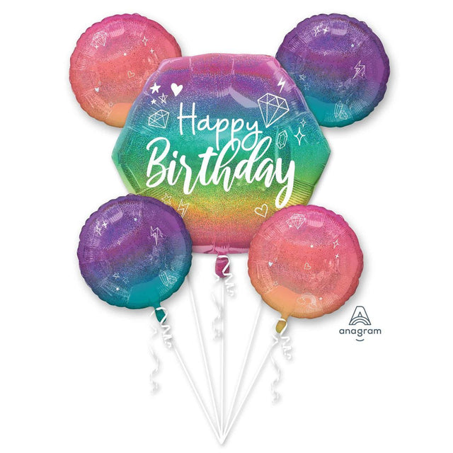5 Piece Happy Birthday Sparkle Foil Balloon Bouquet - Multicoloured
