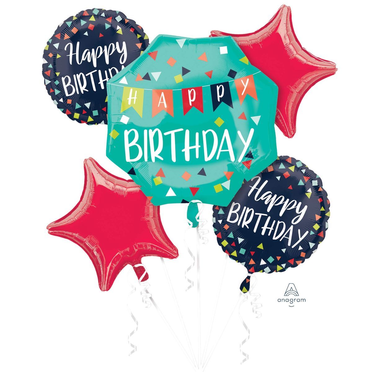 3 Piece Happy Birthday Helium Foil Balloon Bouquet - Multicoloured