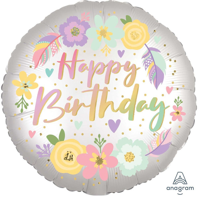 45cm Happy Birthday Satin Foil Balloon - Boho Floral