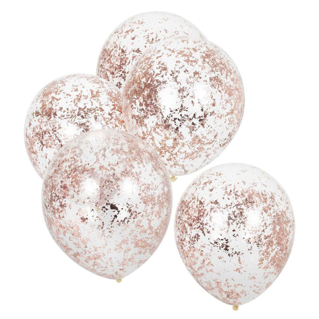 5 Pack 30cm Rose Gold Confetti Filled Clear Latex Balloons