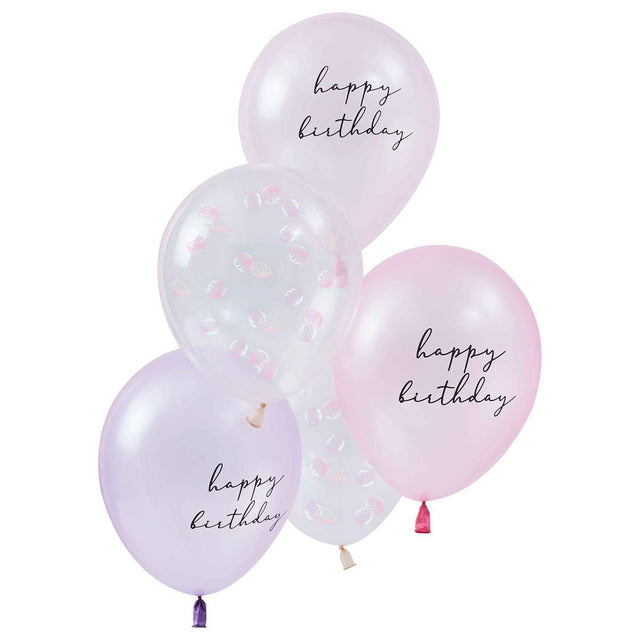 5 Pack Mermaid Birthday Balloon Bundle with Tissue Tassel Tails - Pink and Lilac