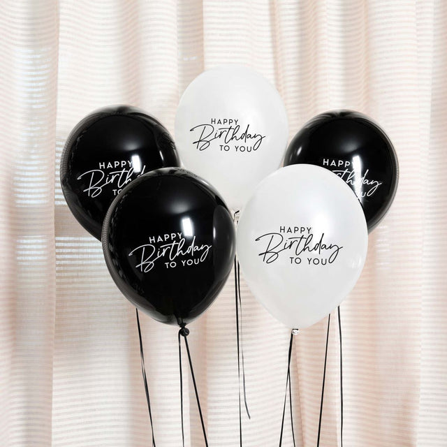 5 Pack 'Happy Birthday' 30cm Latex Balloons - Black and White