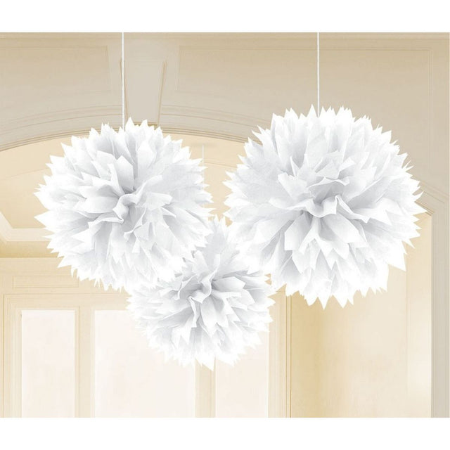 3 Pack Tissue Paper Pom Pom Decorations - White