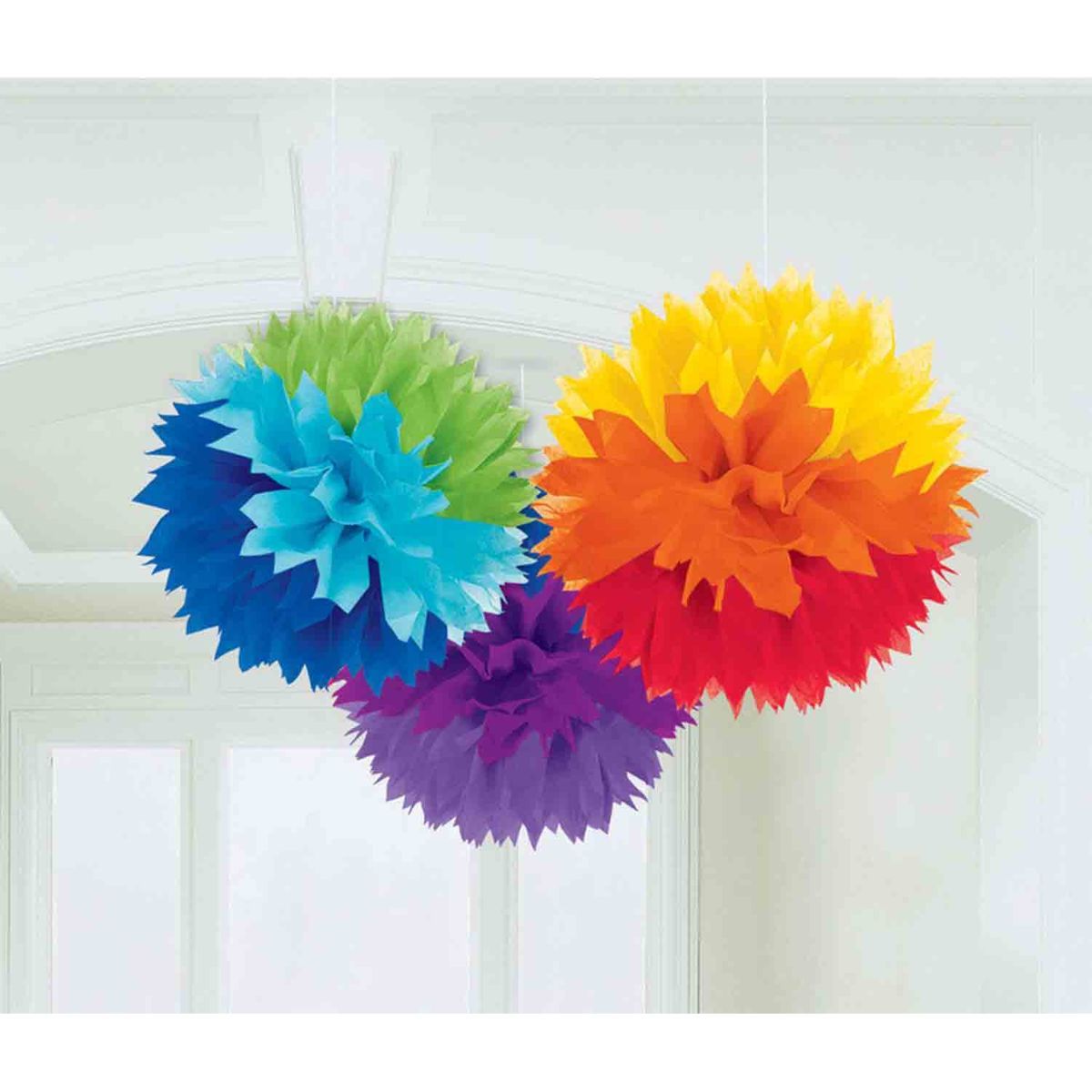 3 Pack Tissue Paper Pom Pom Decorations - Rainbow