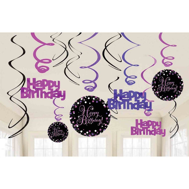 12 Pack Happy Birthday Hanging Swirl Decorations - Pink