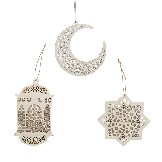 3 Pack MDF Ramadan Ornament - Star, Moon and Lantern - Red Dot