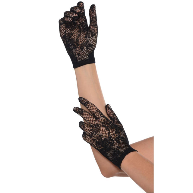 2 Pack Floral Lace Net Gloves One Size - Black