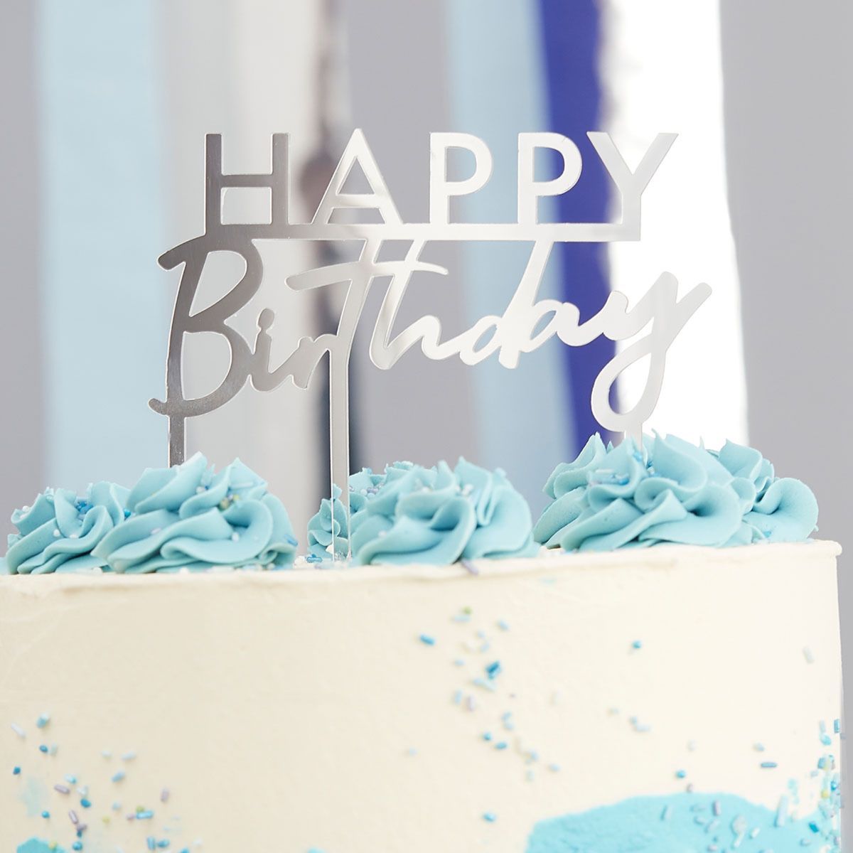 Happy Birthday Silver Mirror Acrylic Cake Topper 12cm x 11cm