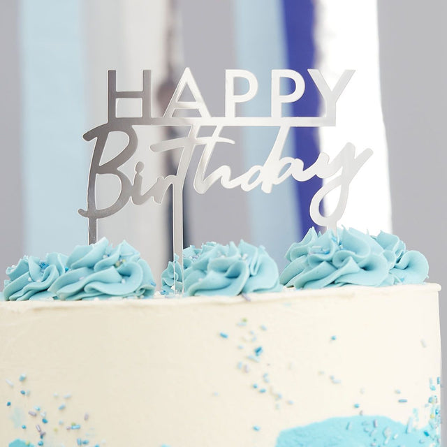 Happy Birthday Silver Mirror Acrylic Cake Topper 12cm x 11cm
